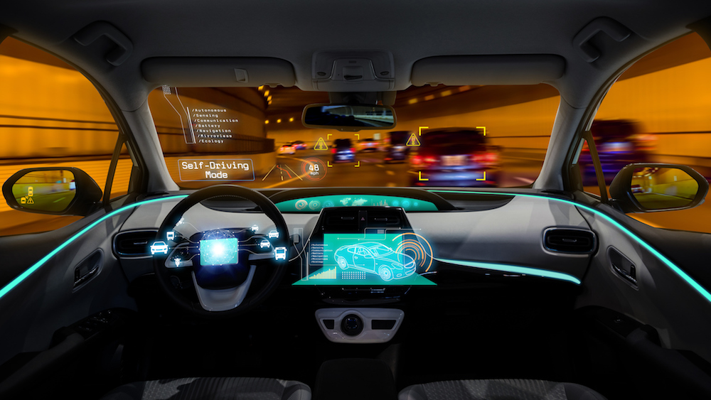 empty cockpit of vehicle, HUD(Head Up Display) and digital speedometer, autonomous car, autonomous vehicle, AV
