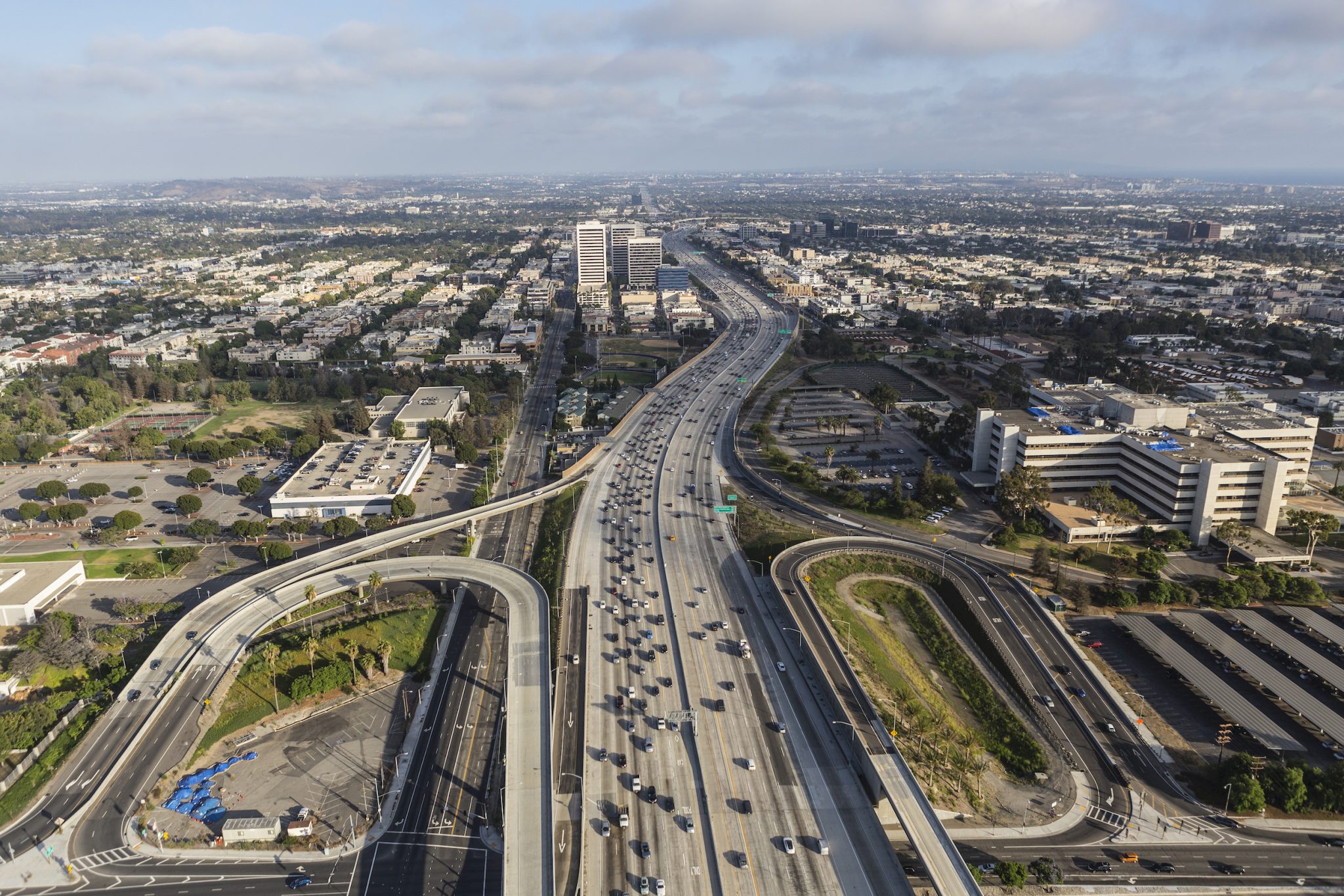 Aerial view of the San Diego 405 Freeway at Wilshire Blvd in West LA.