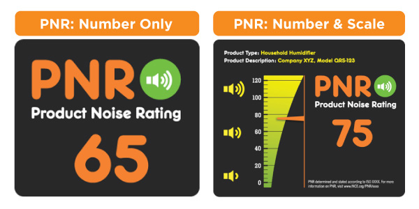 This graphic depicts the product noise rating (PNR) label created for use on consumer goods. On the left is the PNR only; on the right is the PNR number alongside a scale that shows where the rating falls on a scale along with a production type description.
