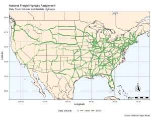 This graphic depicts a map of the United States. The highway network is shown with lines to represent truck movements. The thickness of lines indicates the volume of truck movements over that roadway.