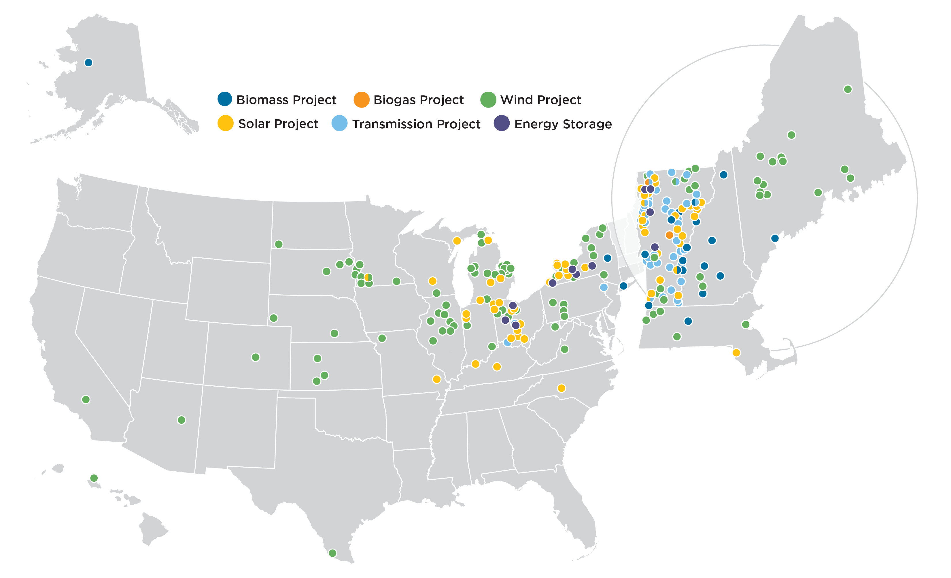A map of RSG renewable energy projects across the United States. The map shows biomass, biogas, wind, solar, transmission, and energy storage projects. Each project location is marked by a dot.