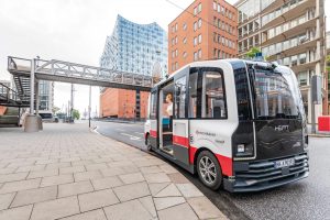 An automated vehicle stopped at a curb while at the 2021 ITS World Congress in Hamburg, Germany.
