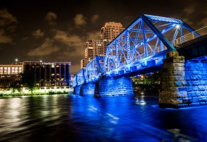 Blue Bridge at night in Grand Rapids, Michigan.