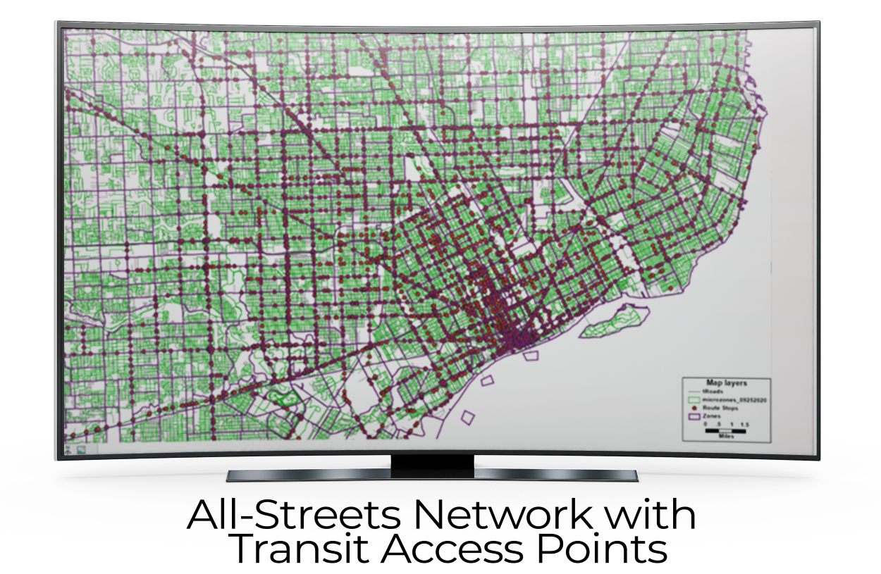 Image of all-streets network with transit access points developed as part of the SEMCOG model development project.