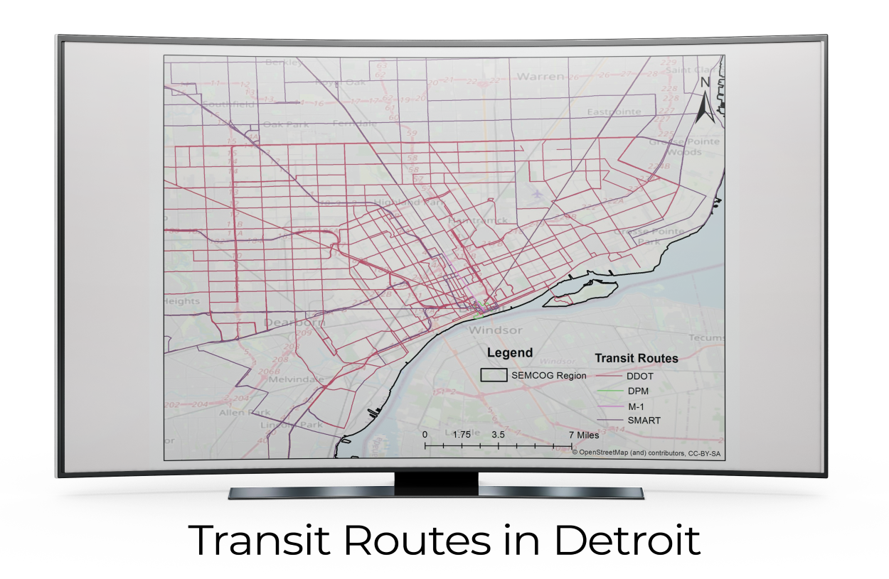 Image of transit routes in Detroit developed as part of the SEMCOG model development project.