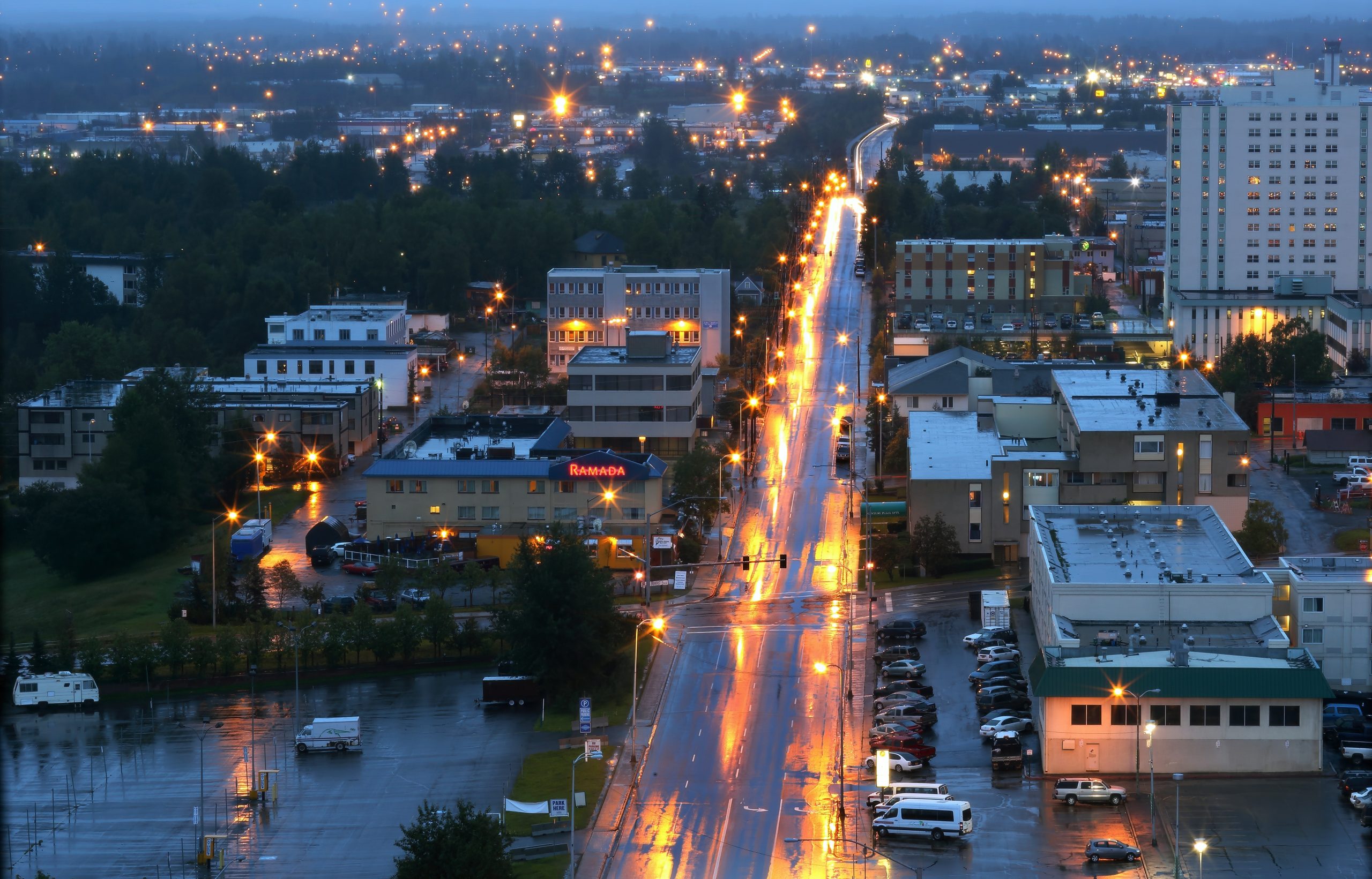 Aerial image of downtown Anchorage, Alaska, at night.