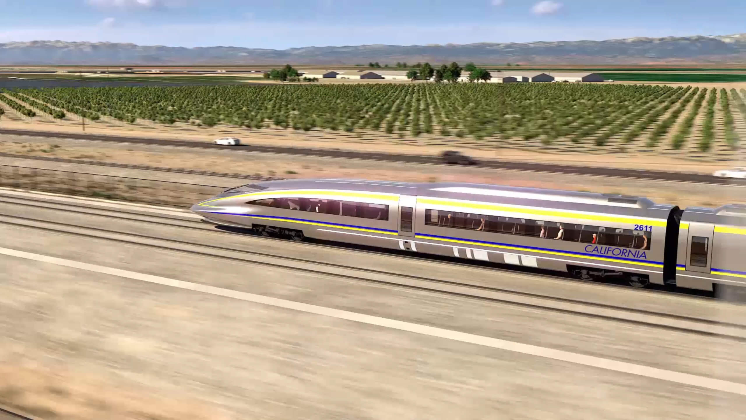 Close up of high-speed train in the Central Valley.