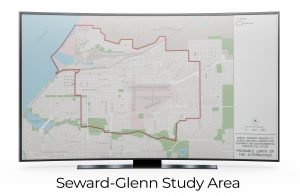 Map of Seward-Glenn Study Area showing roads, landmarks, and project area boundaries.