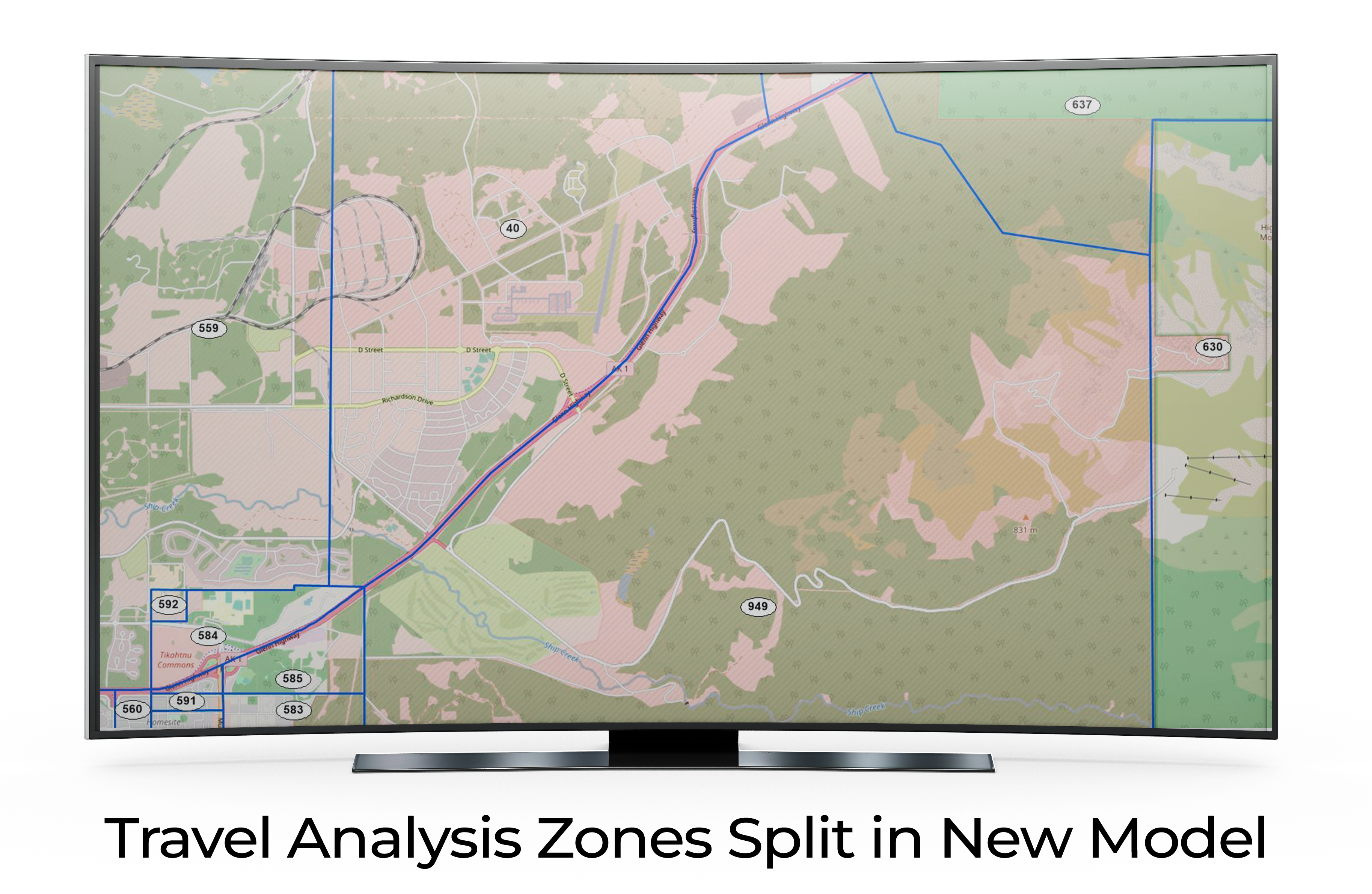 Detailed map showcasing the Travel Analysis Zones with numbered zones and distinct roadways, split in a new modeling format.