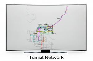 Detailed map of a Transit Network showcasing multiple colored routes labeled with their respective route numbers.