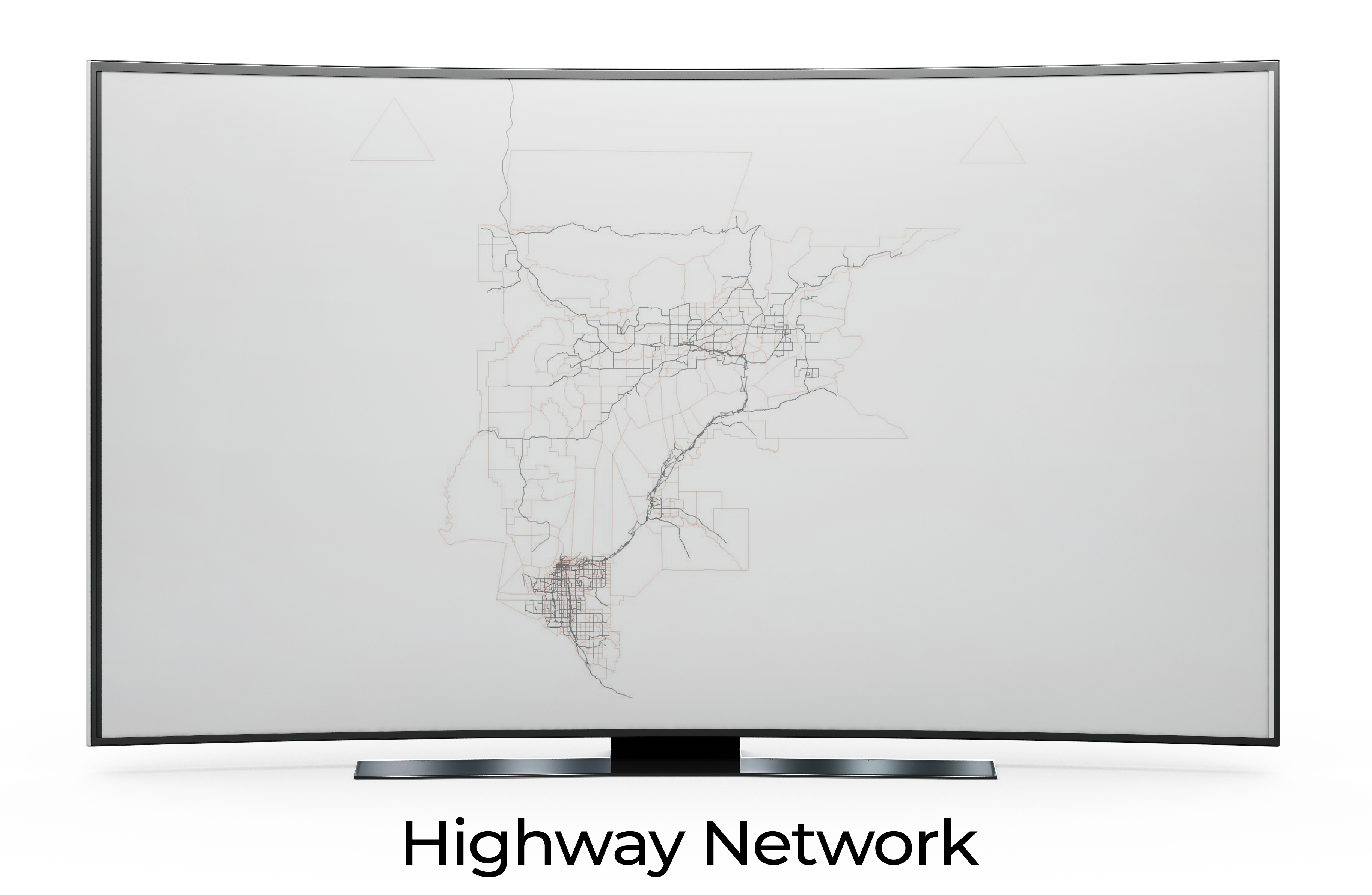 Outline of a highway network displayed on a curved screen.