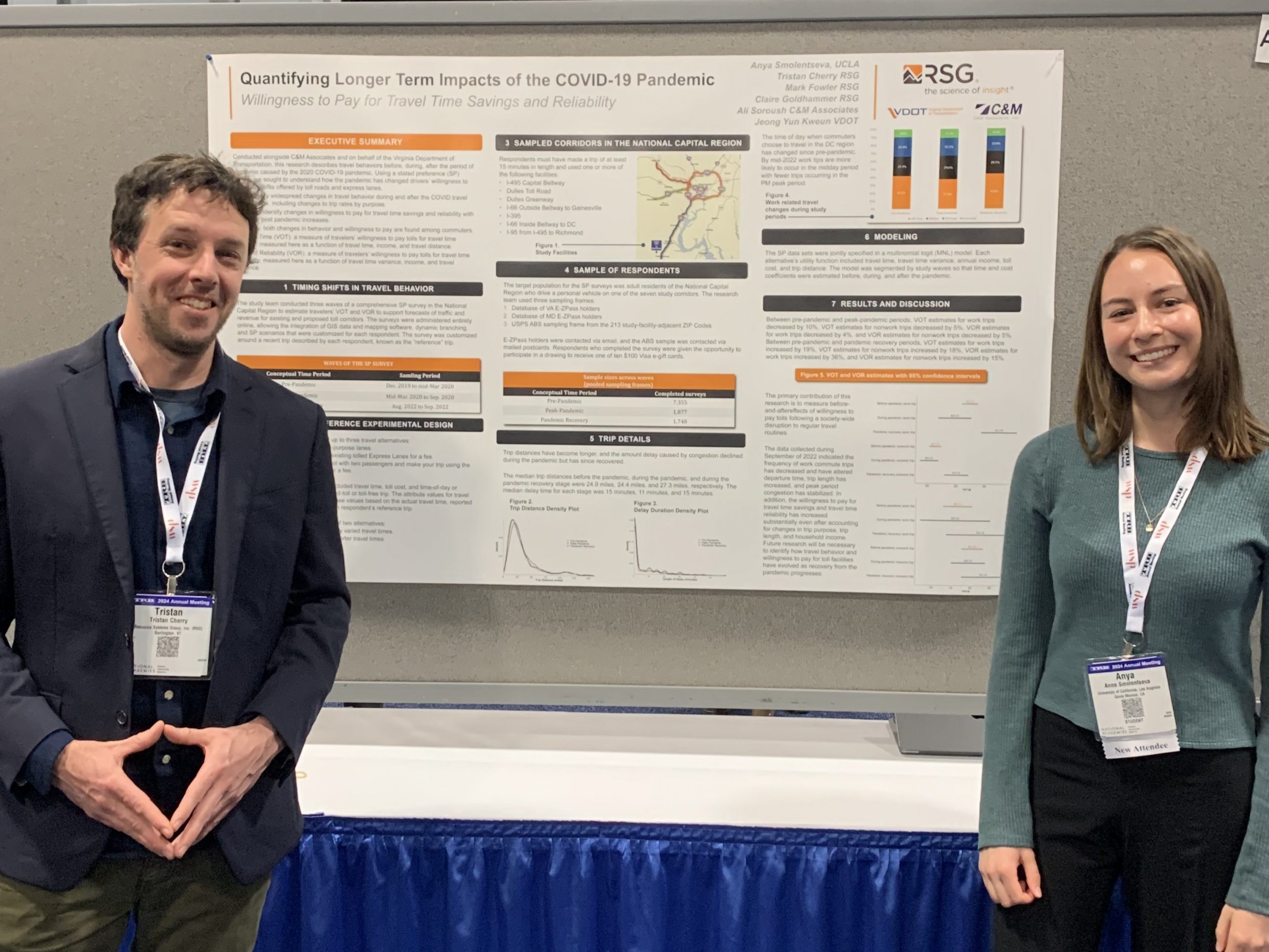 Image of Tristan Cherry and Anya Smolentseva presenting their poster at TRB 2024.
