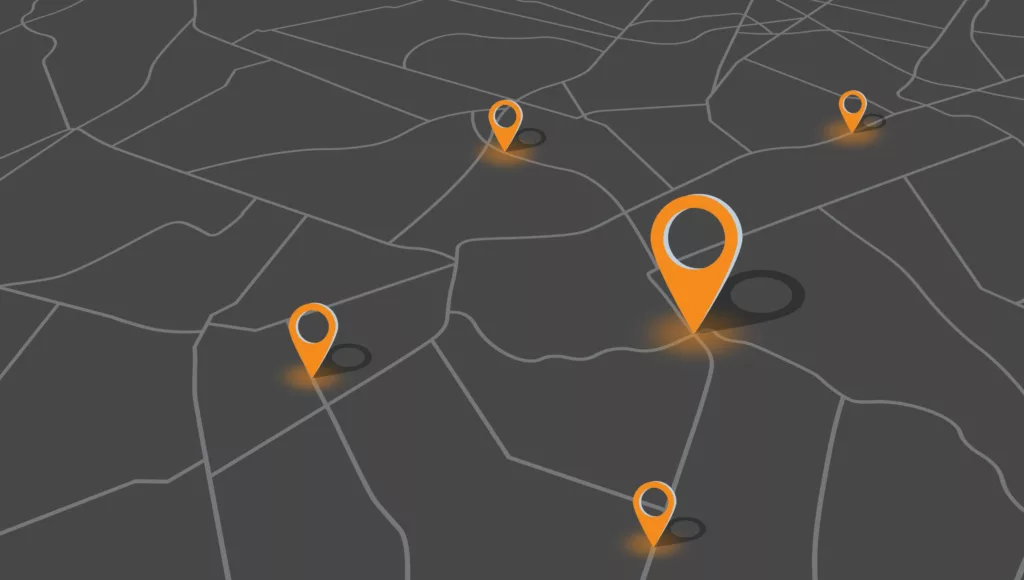 Stylized map with geolocation pins symbolizing data collection points, representing location-based travel behavior insights.