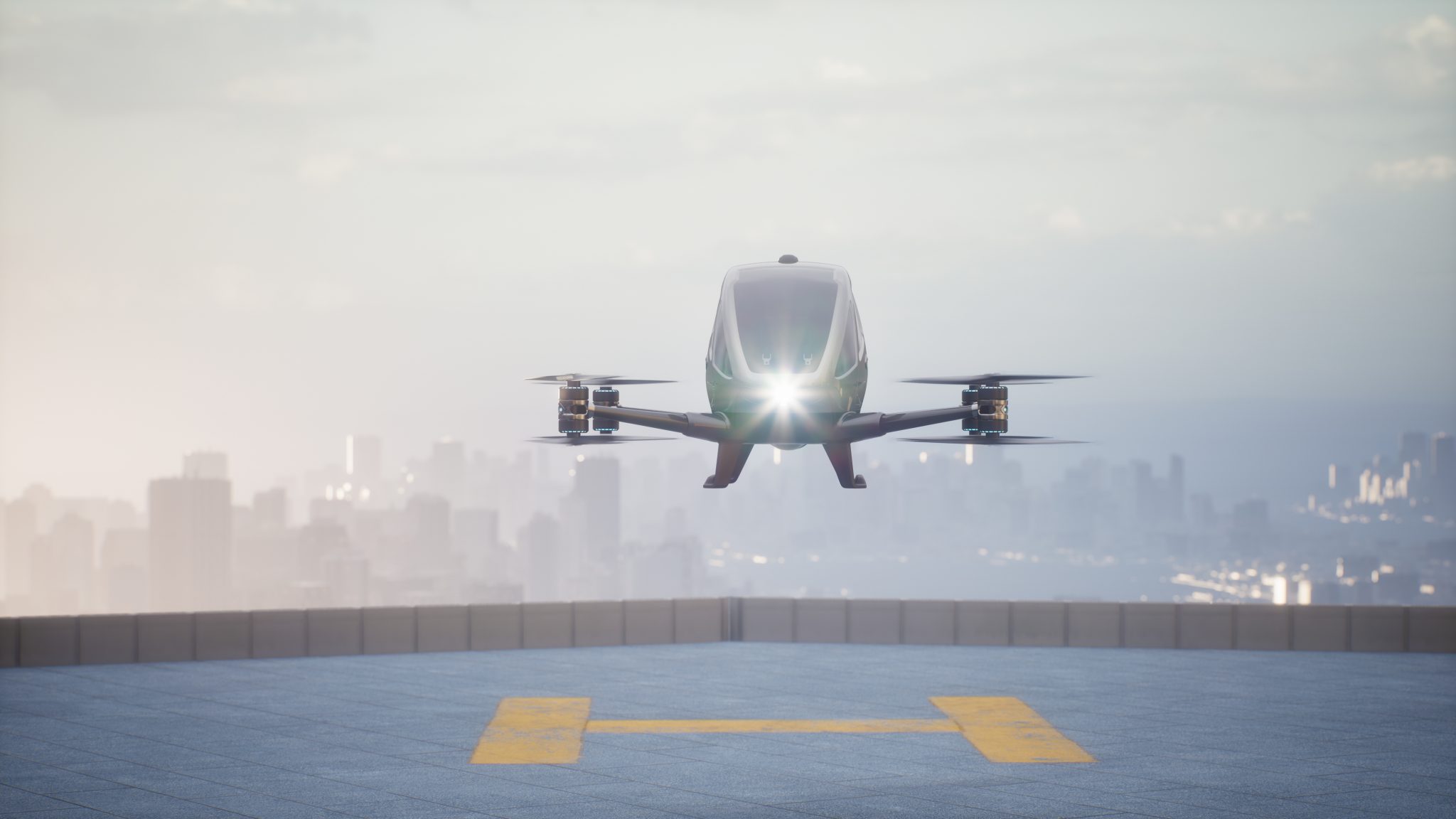 Autonomous driverless aerial vehicle fly across city, 3d render