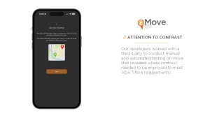 rMove location-permission screen illustrating improved color contrast for text, icons, and buttons.