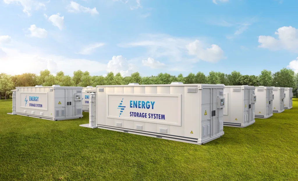 Battery energy storage system containers arranged in rows on a grassy site under a blue sky.