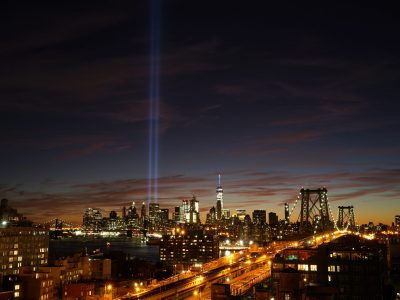 Freedom Tower and Twin Tower lights shown along New York City skyline following September 11